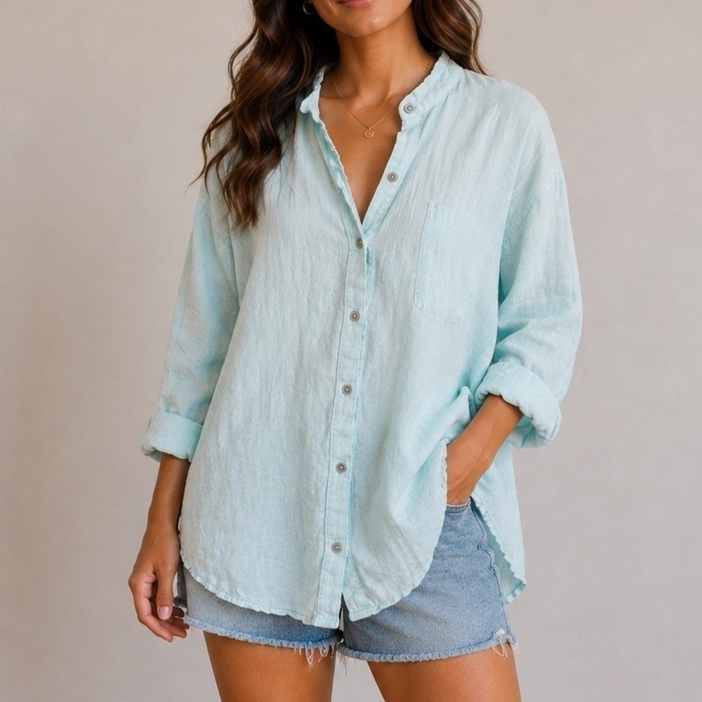 Eileen Fisher 100% Organic Linen Tunic Shirt Large Aqua Button Front Long Sleeve